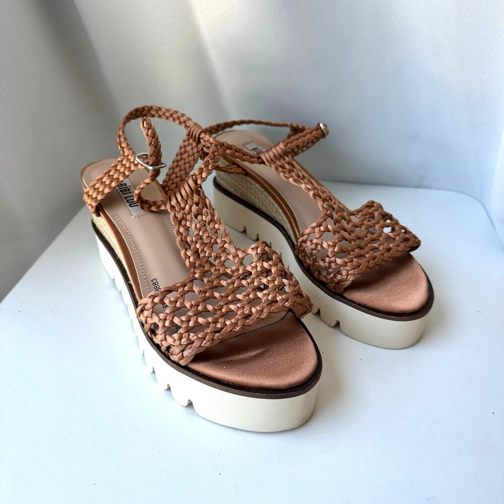 Bibi Lou (38/7.5-8) Brown Leather Woven Platform Sandals- Open Toe, Ankle Strap
